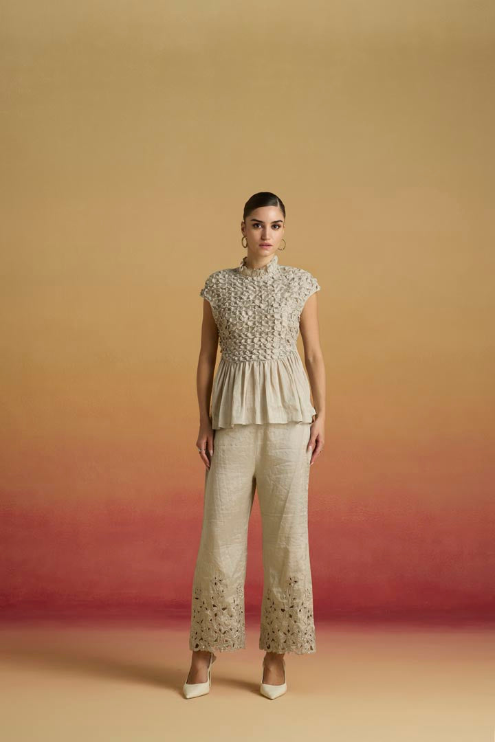 Silver Tissue Tonal Cutwork Straight Pants - Luxury Occasion Wear