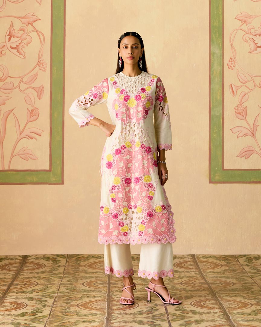 IVORY AND PINK APPLIQUE PANTS