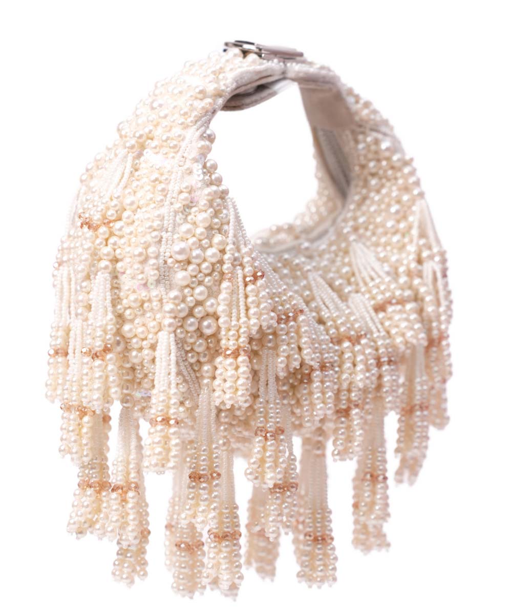 Emma Ivory Suede Pearl Embellished Hobo Bag