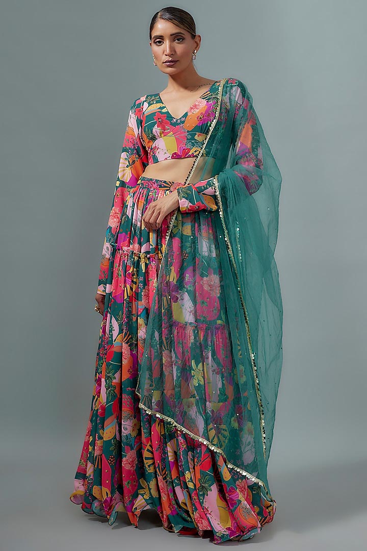 Teal Georgette Digital Printed Lehenga Set