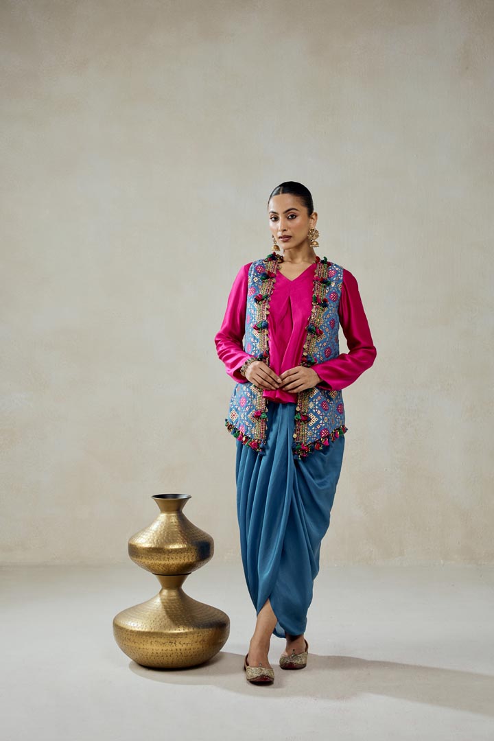 Royal Blue Patola Silk Jacket and Dhoti Skirt Set