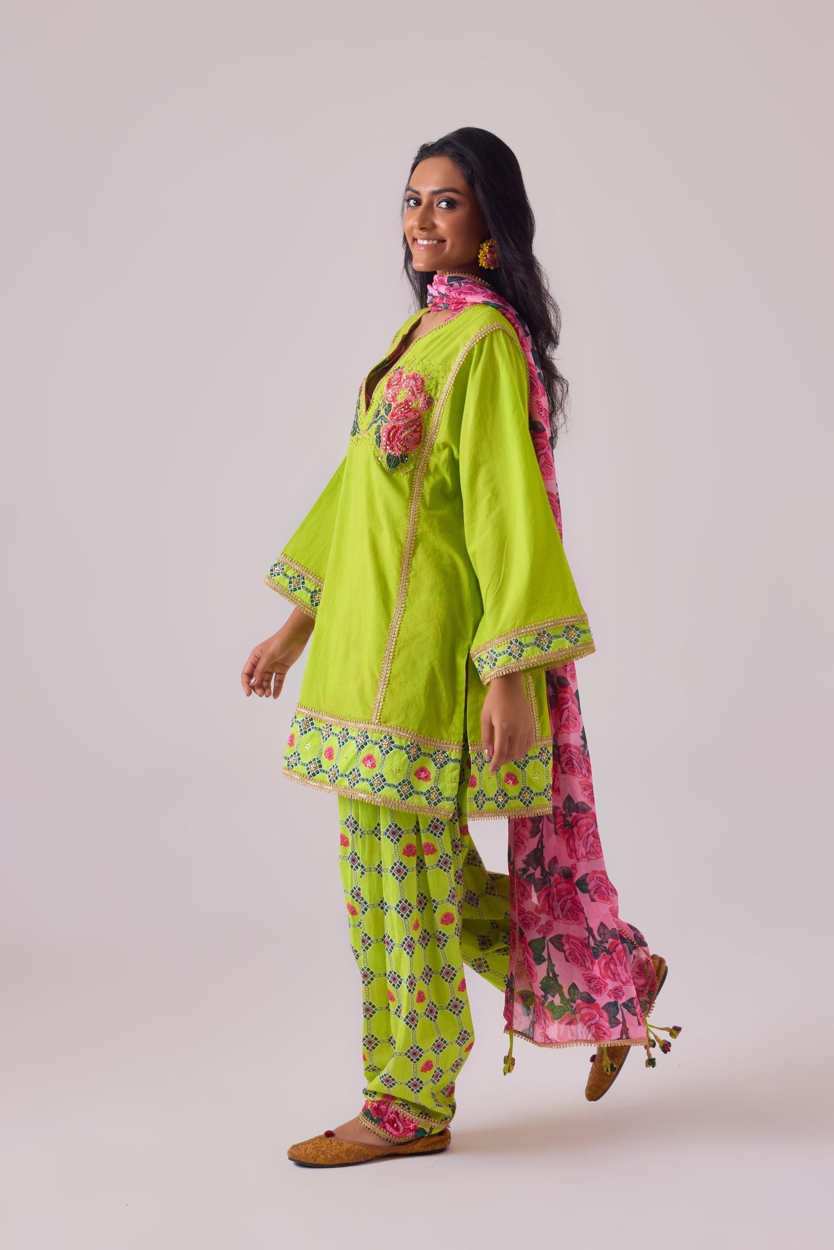 COTTON SOLID LIME STRAIGHT ROSE APPILIQUE KURTA PAIRED WITH PRINTED SALWAR AND DUPATTA