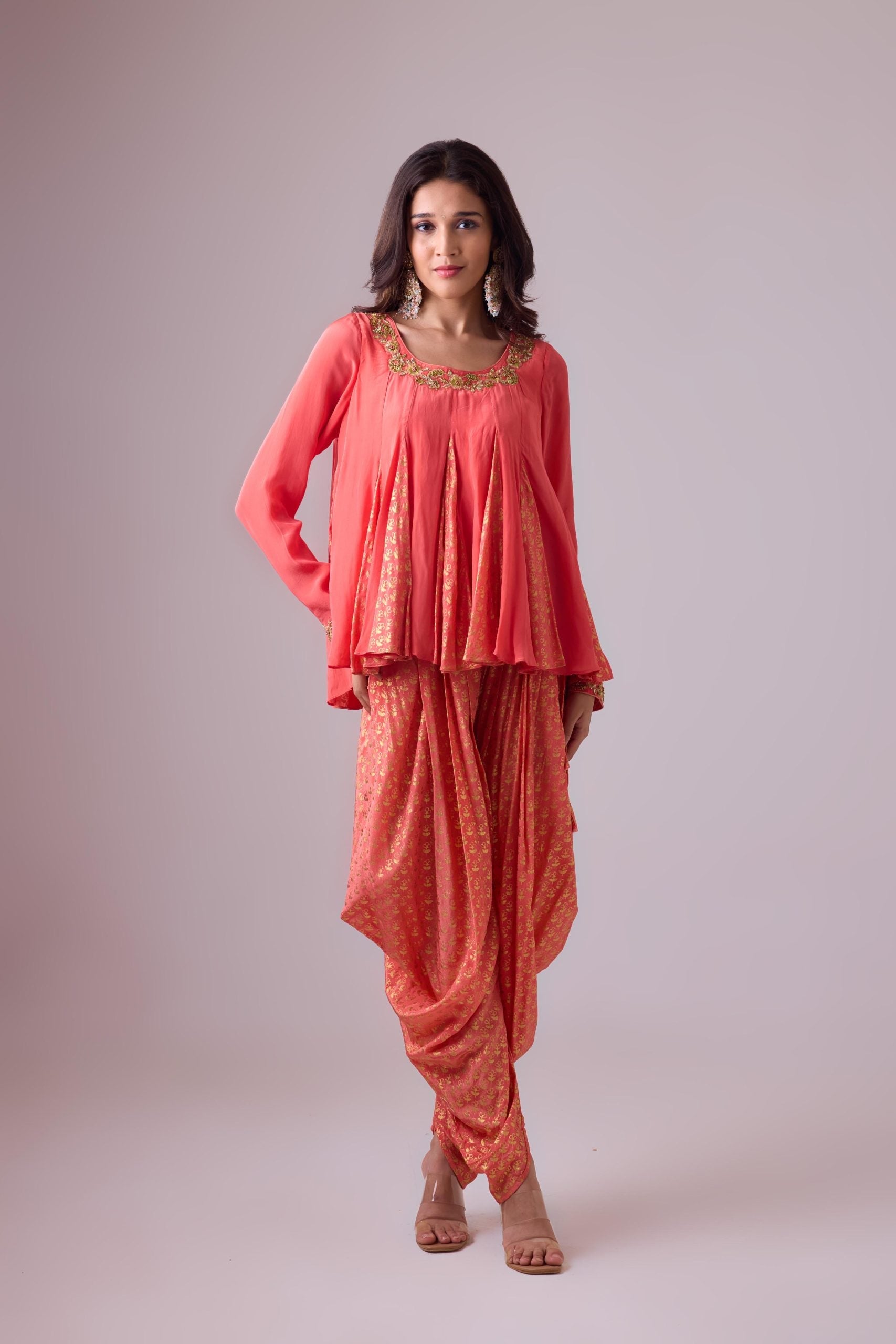 Crepe godet top with   pleated dhoti salwar pant and scarf