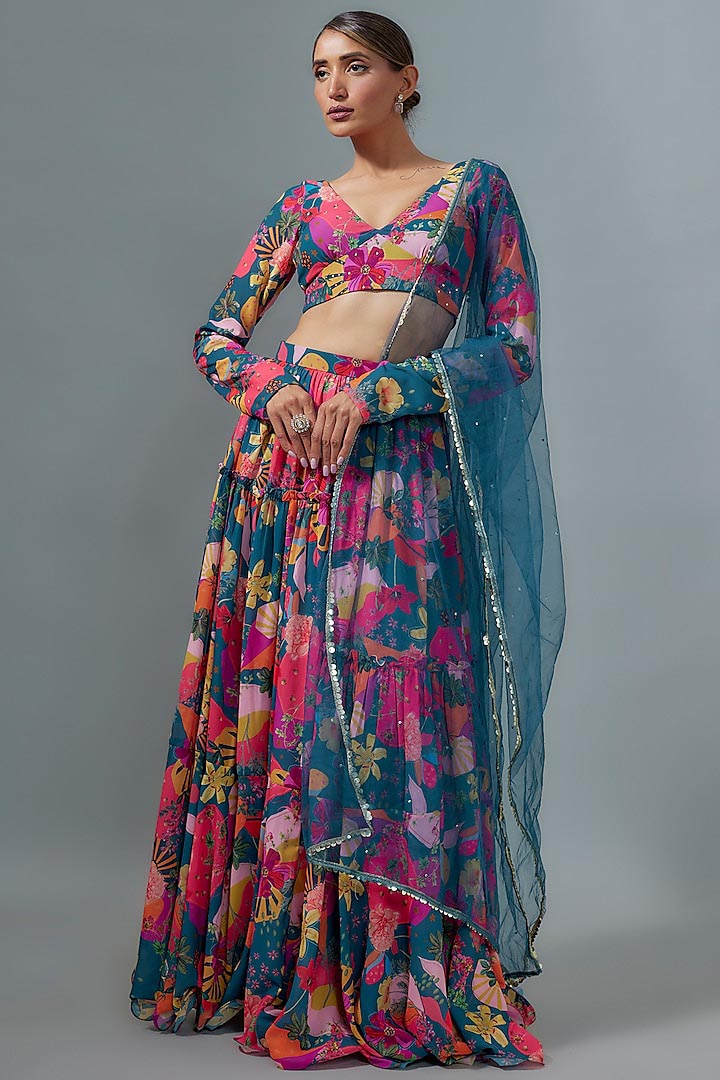 Rama Blue Georgette Digital Printed Lehenga Set