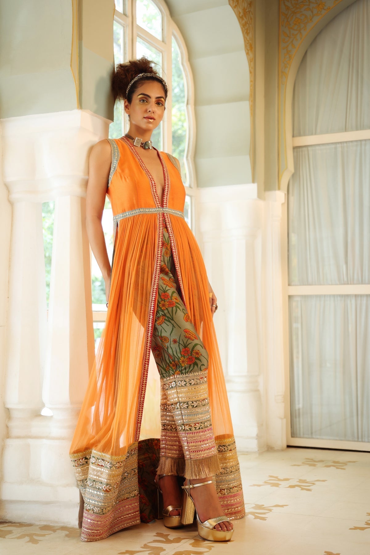 Image of Dilruba narangi longline ruched jacket & pants set