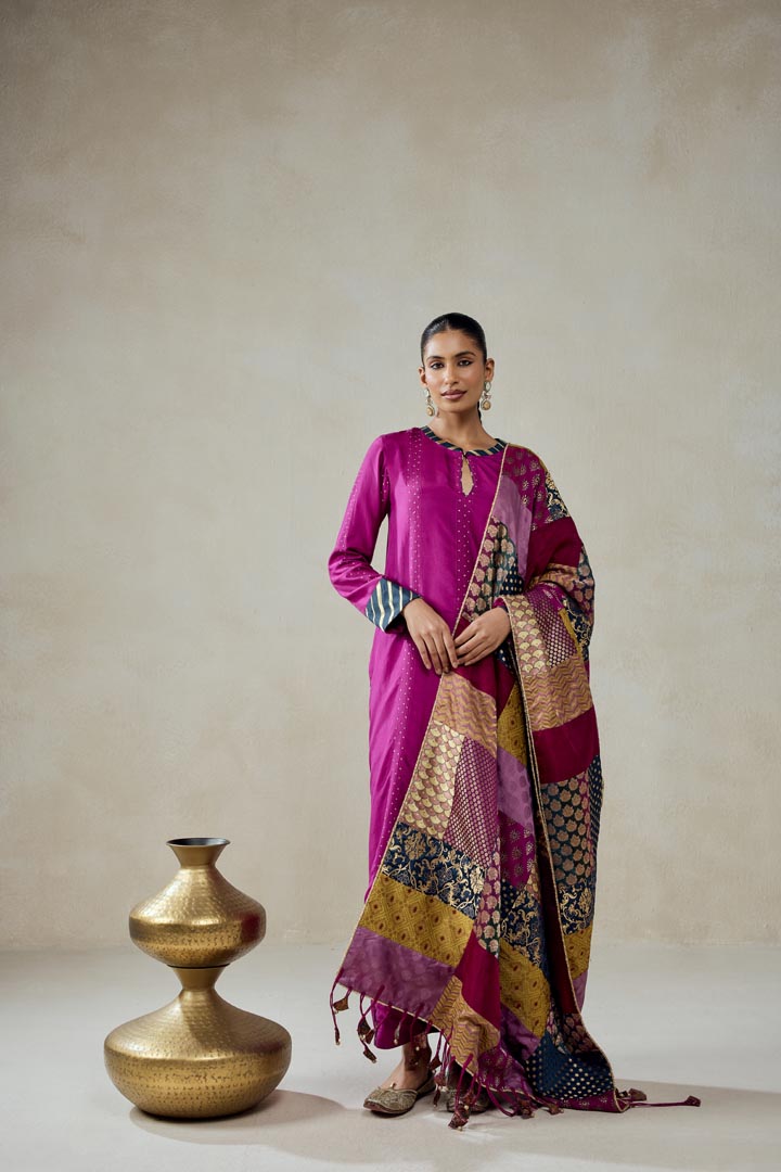 Wine Silk Salwar Suit with Multicolour Brocade Dupatta Set