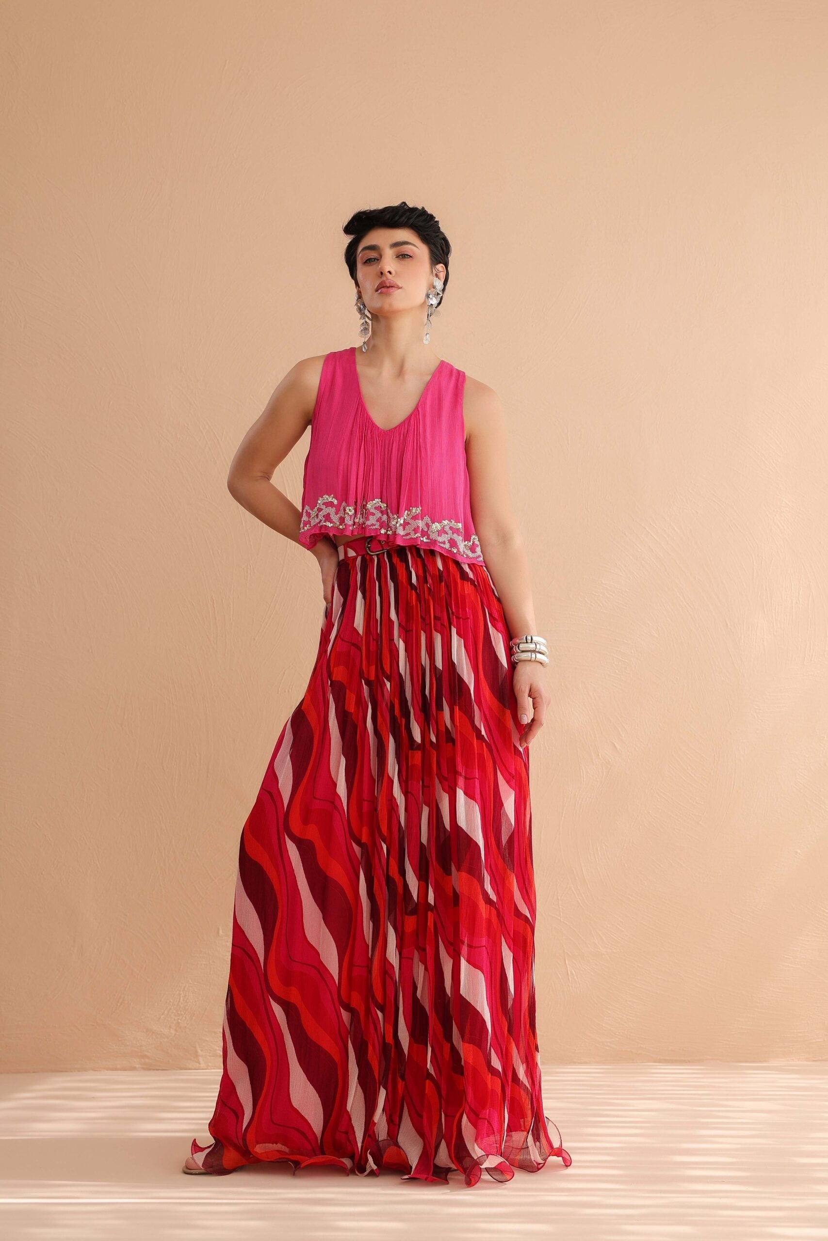 Fuchsia Collar Boho Top with  Lehar Print Skirt Set
