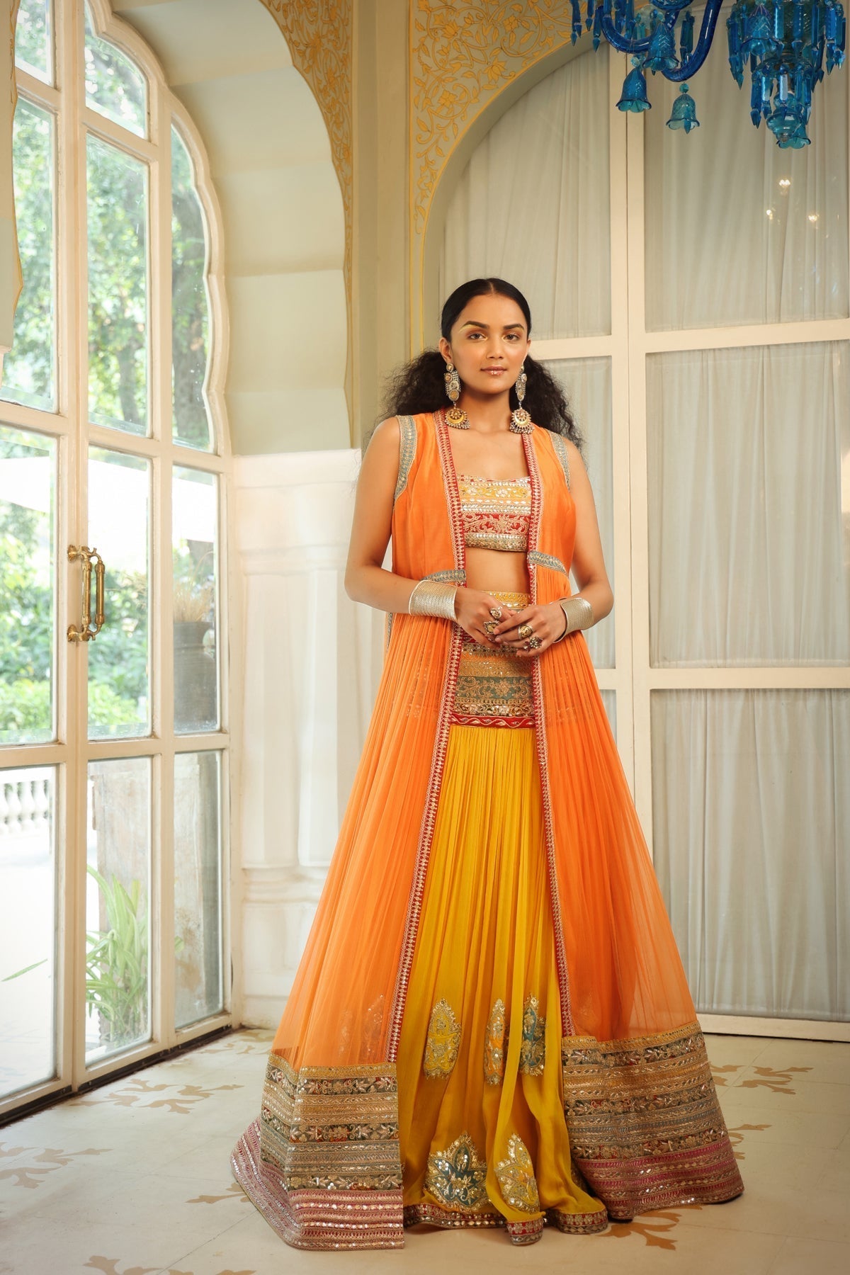 Image of Dilruba narangi longline ruched jacket with  dilruba haseen lehenga and rangeen blouse set