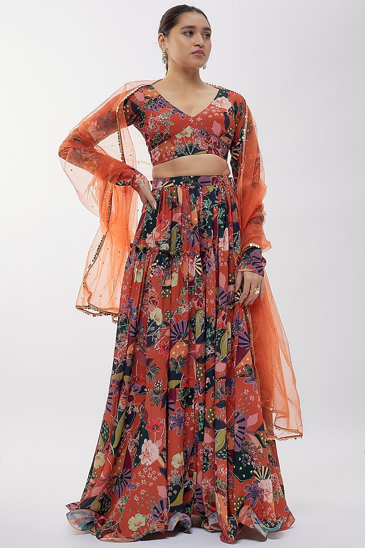 Rust Georgette Digital Printed Lehenga Set