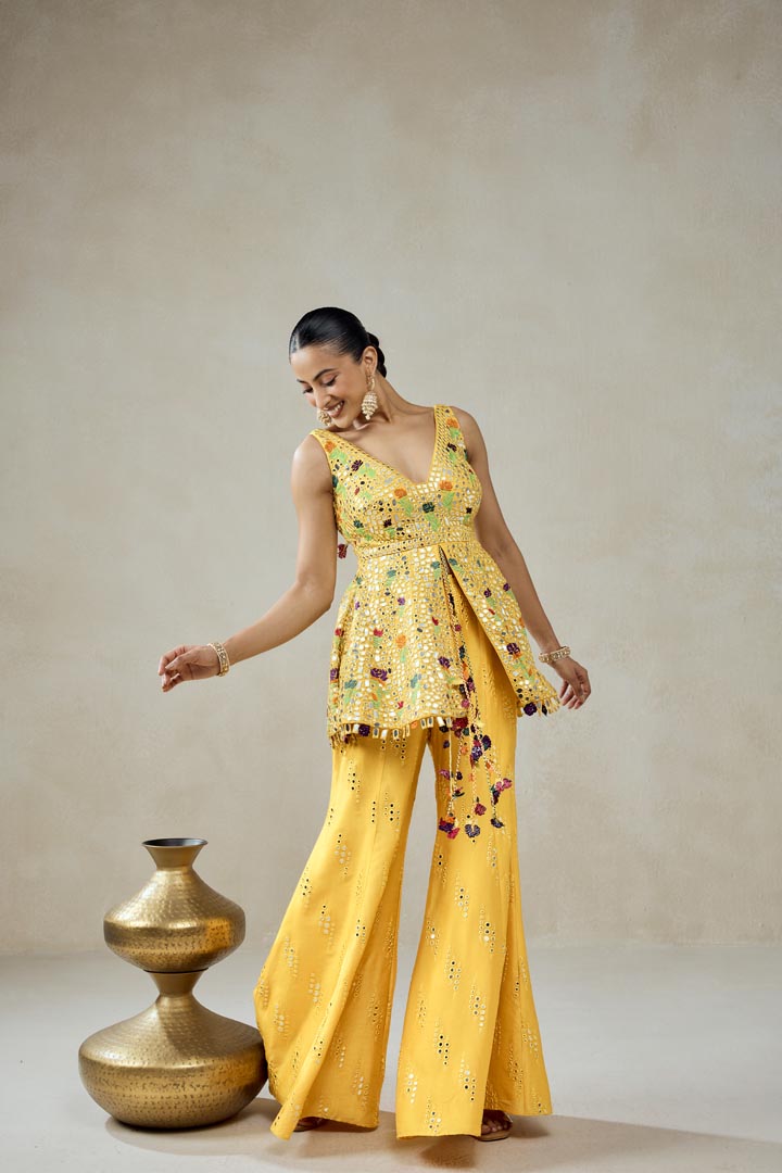 Yellow Embroidered Peplum Sharara Set for Festive Occasions