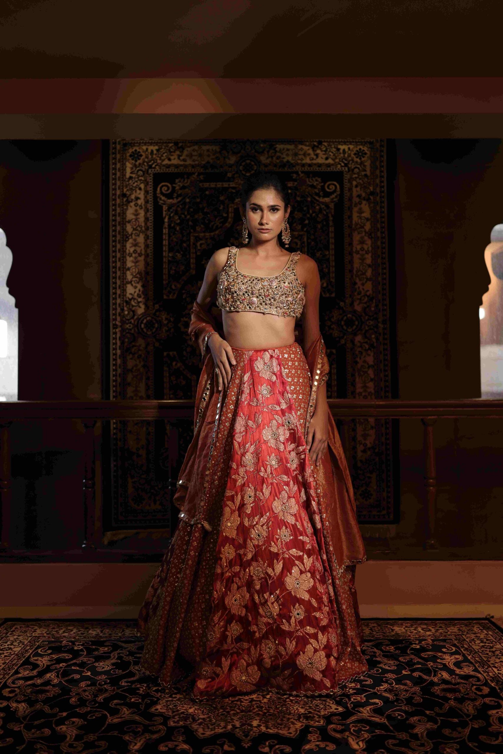 The "Virasat" lehenga choli / Red & Rust jewel embellished lehenga set