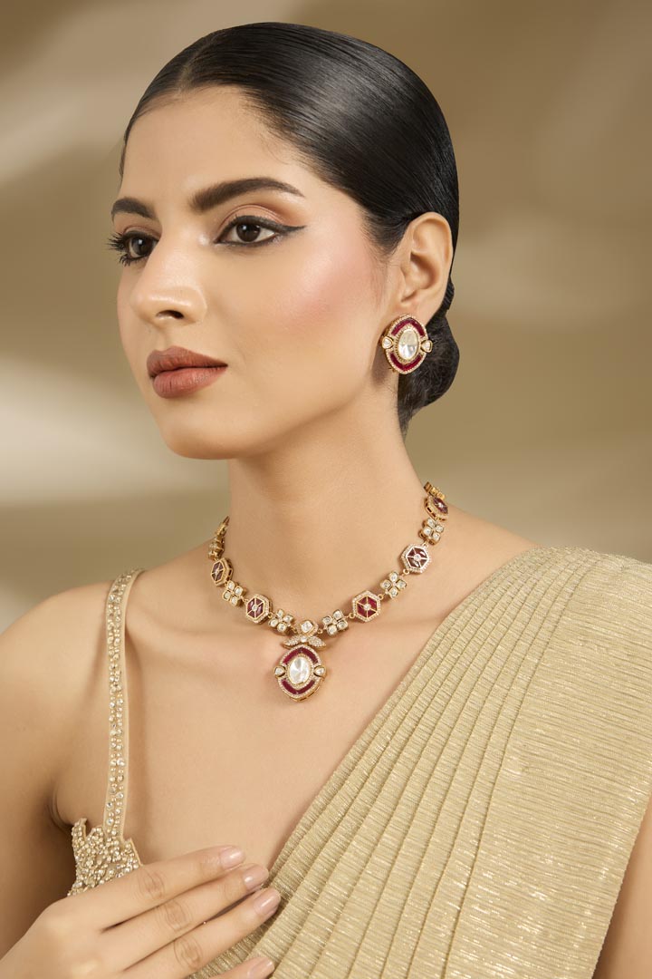 Gold-Toned Polki Necklace Set with Matching Studs