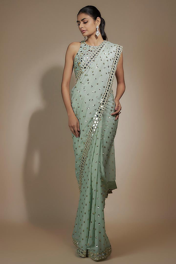 Sea Green Chinon Sequins & Mirror Hand Embroidered Saree Set