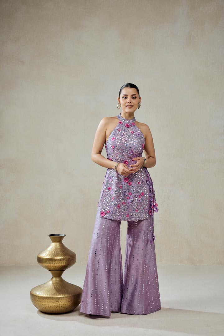 Mauve Halter Neck Kurta Set With Embroidered Sharara Trouser