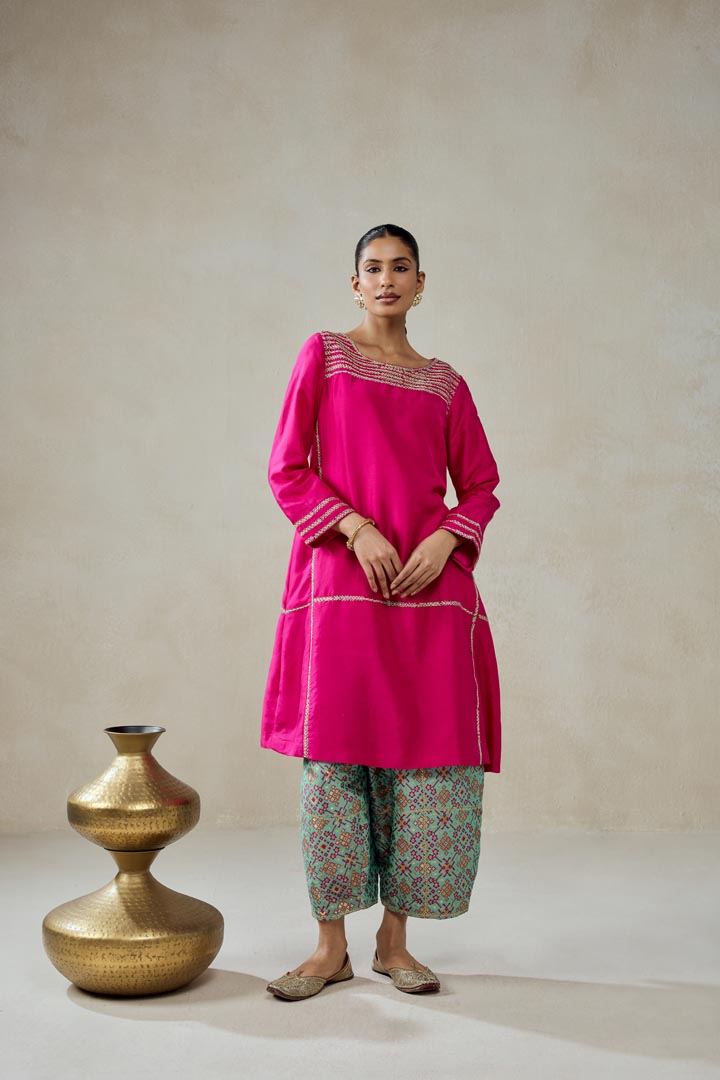 Fuschia Embroidered Silk Kurta with Aqua Patola Salwar Set