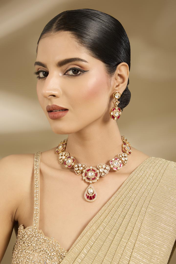 Gold-Plated Red Gemstones Kundan Necklace & Earring Set