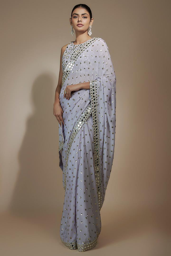 Lilac Chinon Sequins & Mirror Hand Embroidered Saree Set