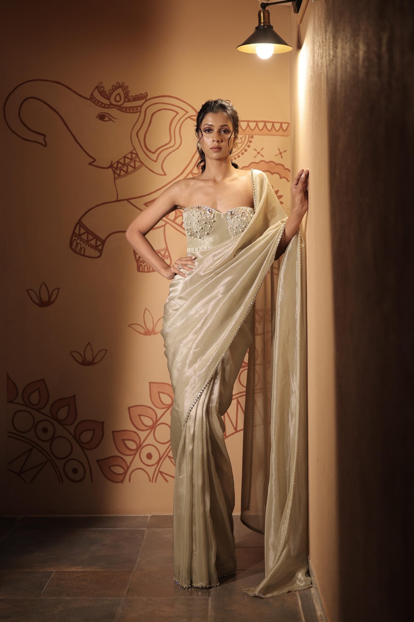 The "Nirvana " pearl saree / Pastel green kundan and pearl embellished tissue saree set