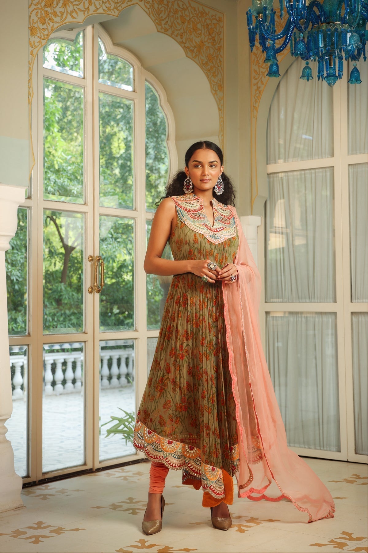 Image of Dilruba bageecha ruched anarkali bejewelled gotapatti neckline