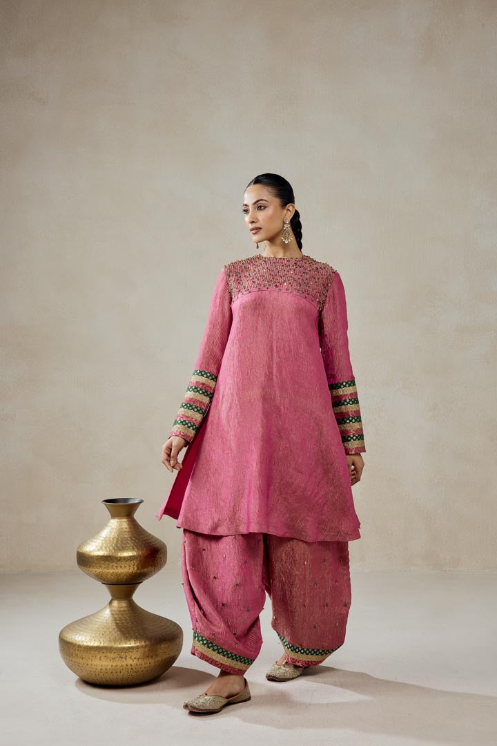 Rose Pink Crinkle Tissue Suit Set - Elegant Festive Wear
