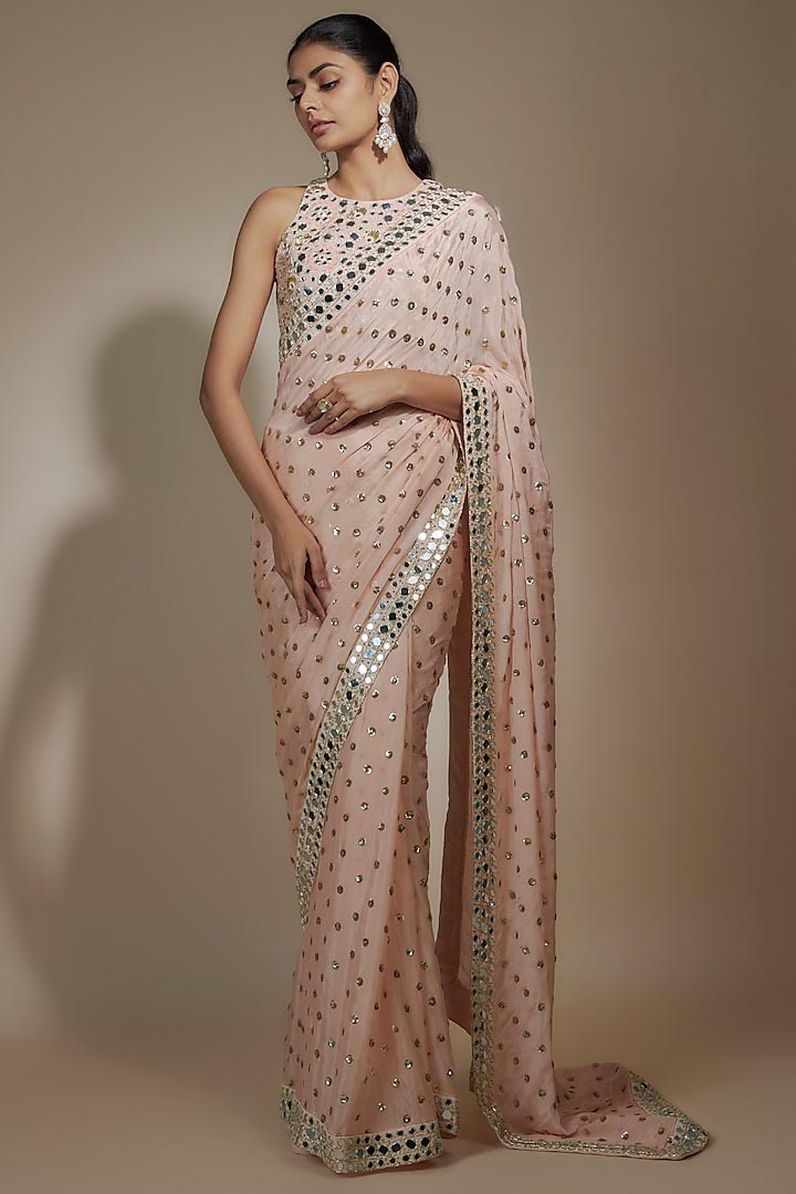 Peach Chinon Sequins & Mirror Hand Embroidered Saree Set