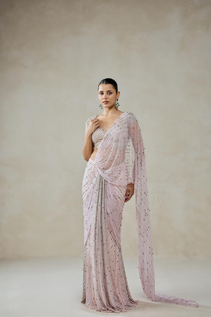 Baby Pink Draped Saree Set with Sequin Work for Weddings
