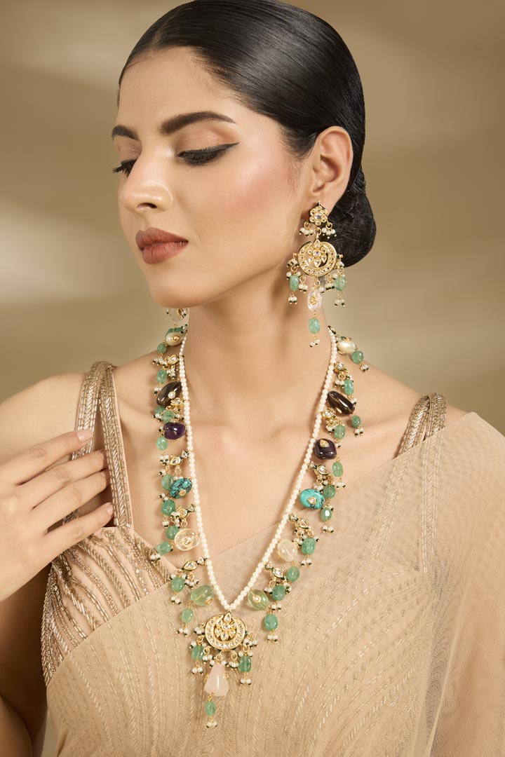 Floral Pearl & Emerald Layered Statement Necklace Set