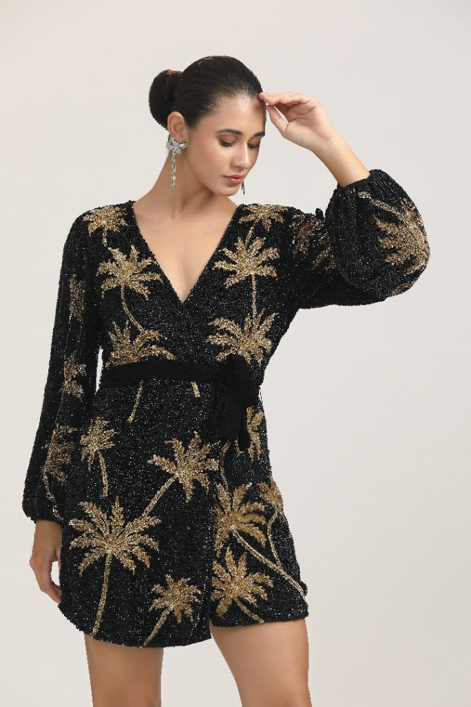 Palm Noir Hand-Embellished Sequin Wrap Mini Dress for Evening Glam