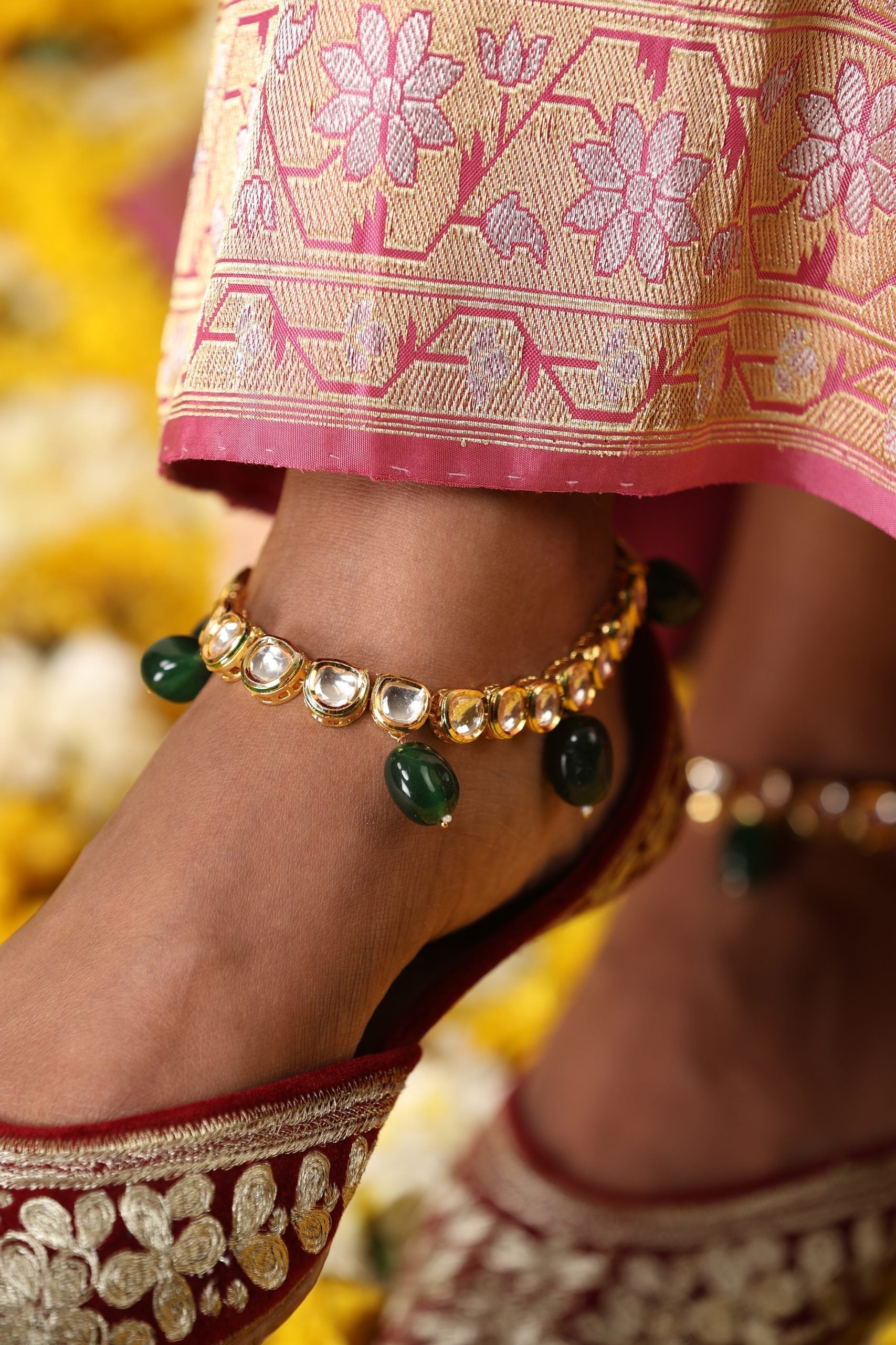 Green Gold Tone Kundan Anklets