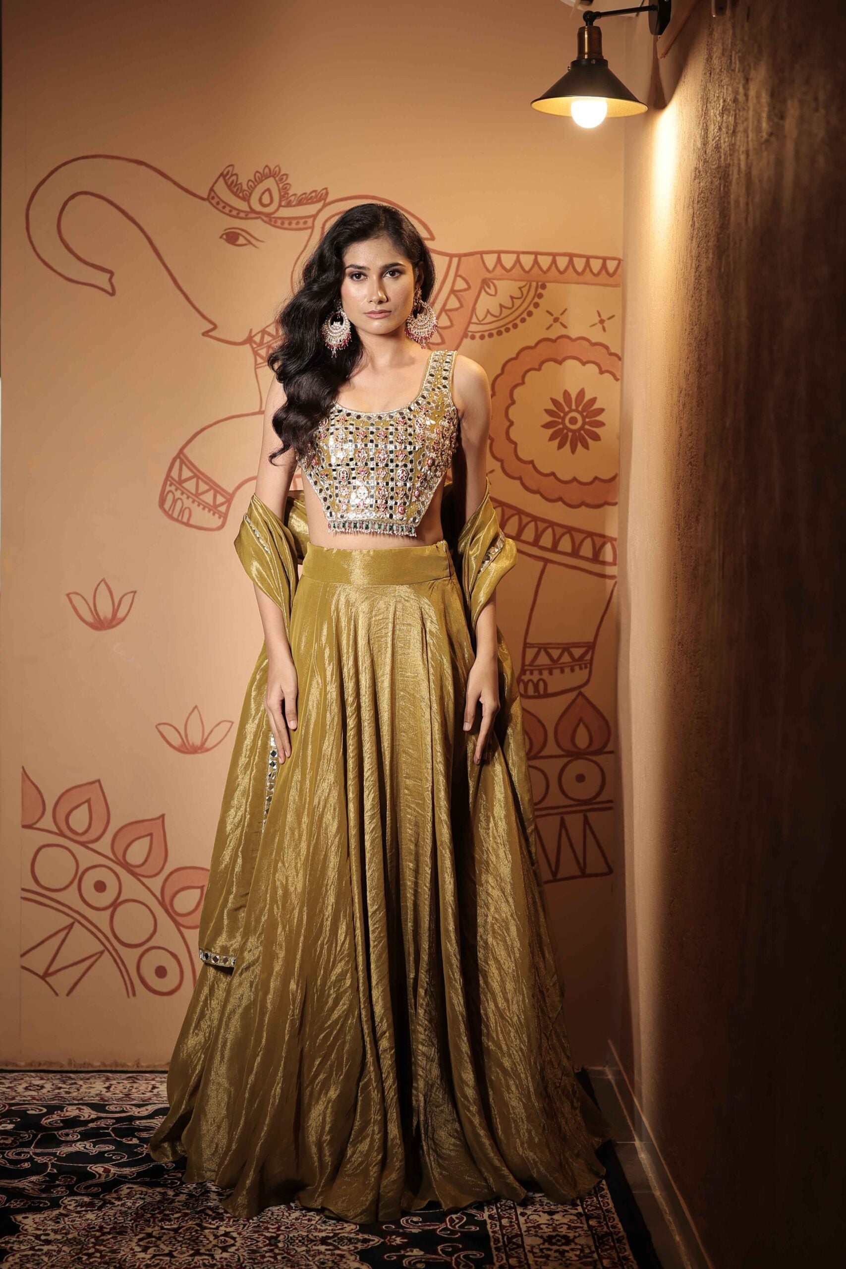 The " Sheesh Mahal" lehenga set /olive green jewel and mirror embellished tissue lehenga set