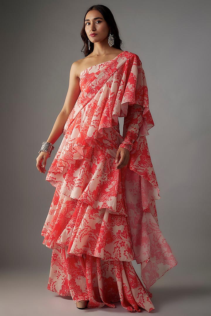 Pink Georgette Digital Printed Pre-Draped Saree Set