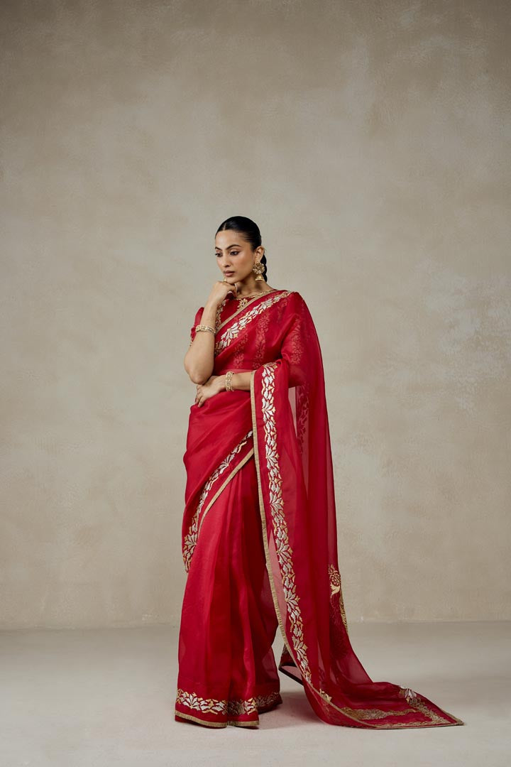 Elegant Red Organza Saree Set with Gold Embroidery and Brocade Blouse