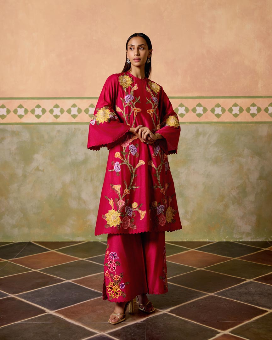 FUCHSIA CUTWORK FLARED PANTS