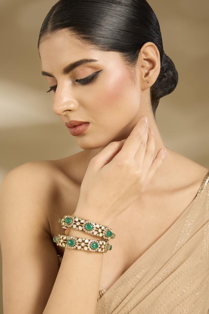 Green Stone & Polki Gold-Tone Bangle Set