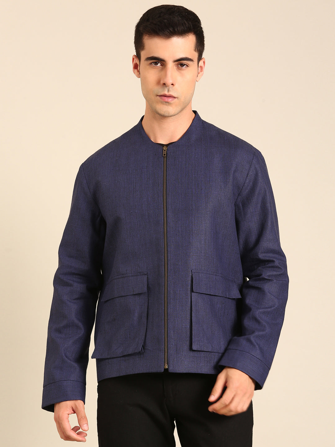 Blue 100% Linen Bomber Jacket