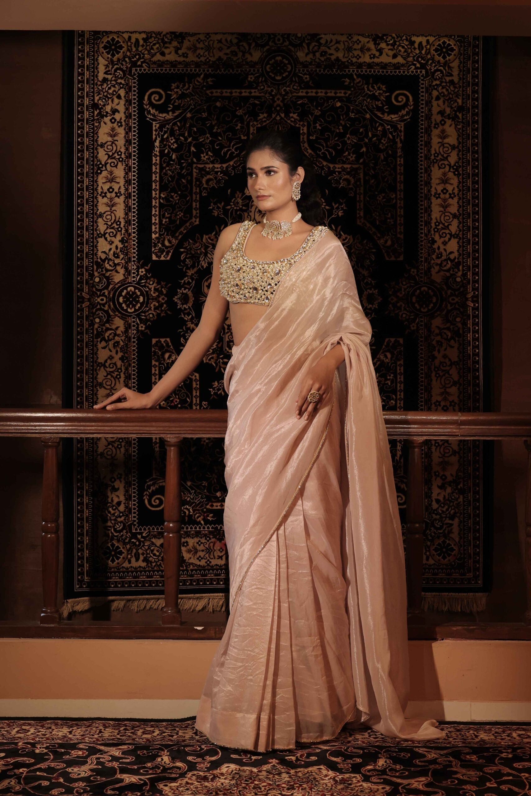 The " Hiramoti " saree set /Blush pink kundan and pearl embellished tissue saree set
