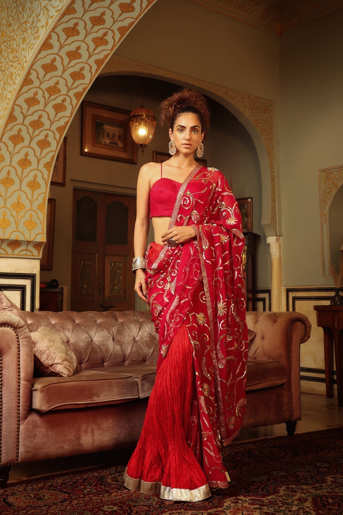 Image of Dilruba rose red sitara saree with crush lehenga and corset blouse