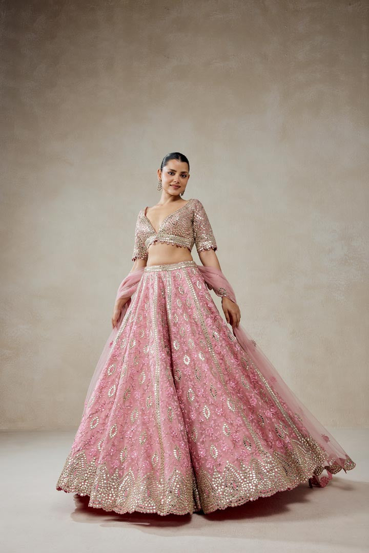 Pink Organza Mirror Work Lehenga Set with Multiresham Embroidery
