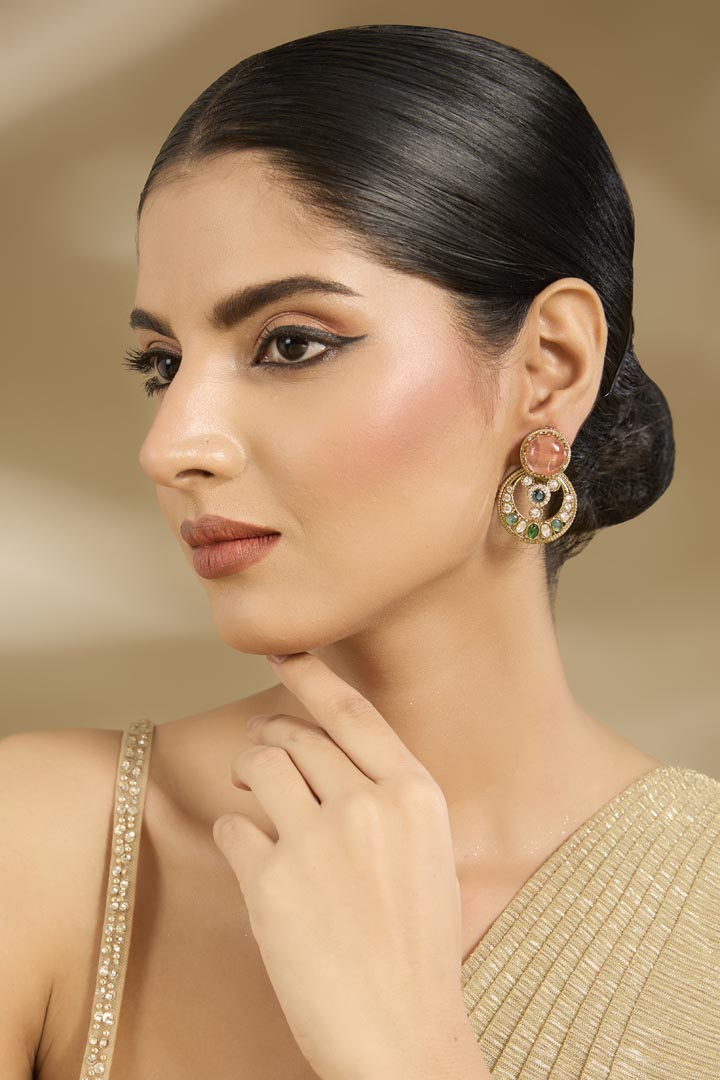 Gold-Plated Statement Earrings with Multicolor Stones