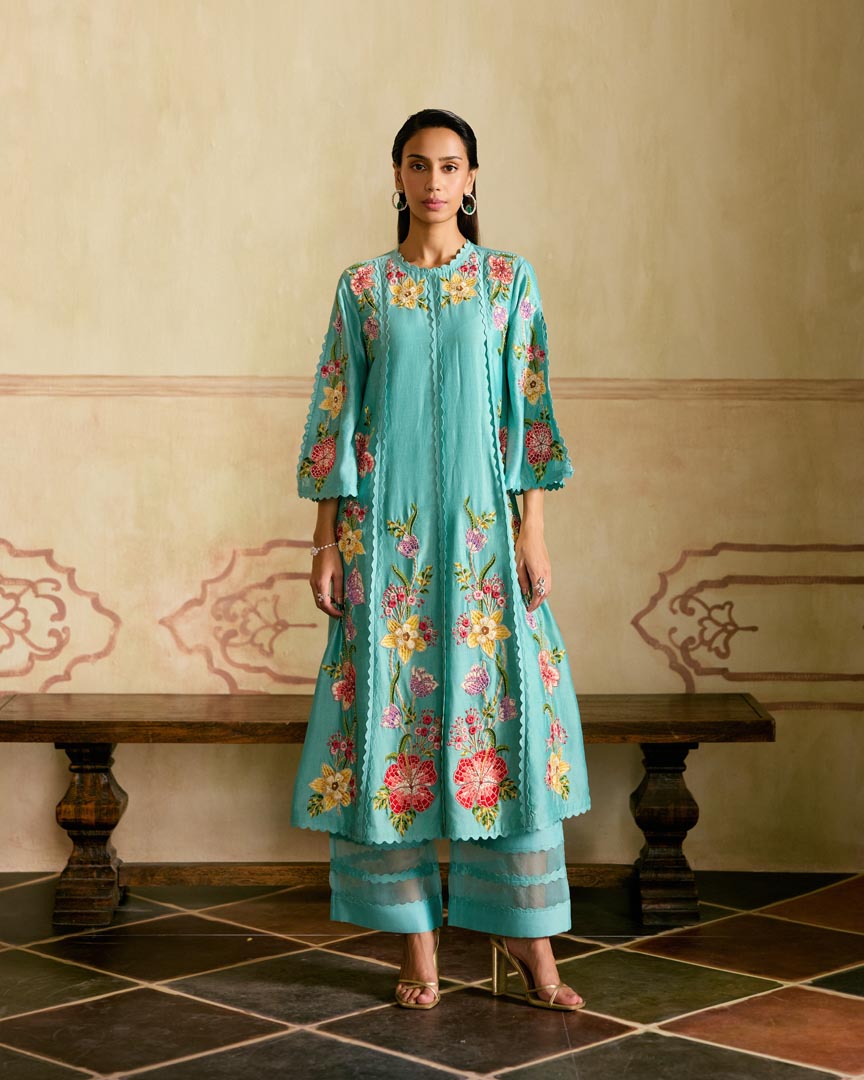 AQUA MOSAIC FLORAL VINES KURTA