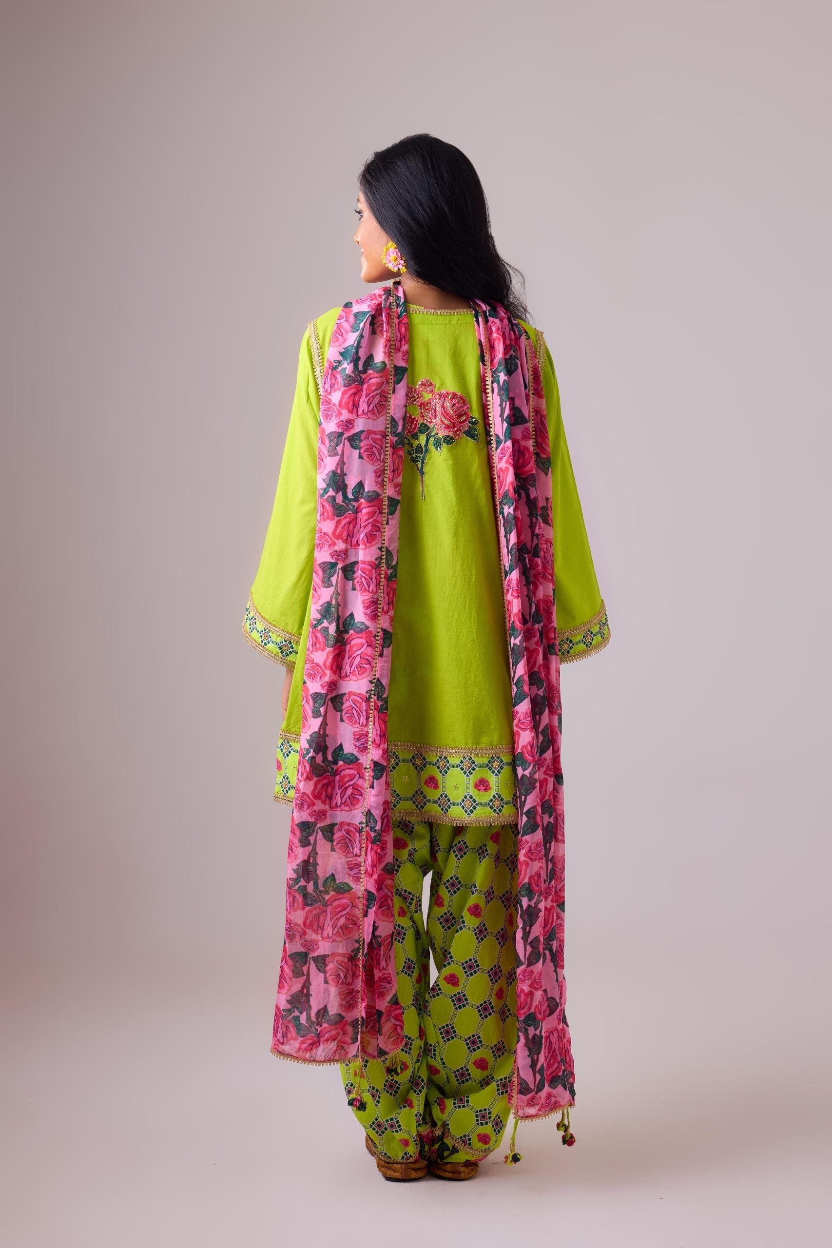 COTTON SOLID LIME STRAIGHT ROSE APPILIQUE KURTA PAIRED WITH PRINTED SALWAR AND DUPATTA