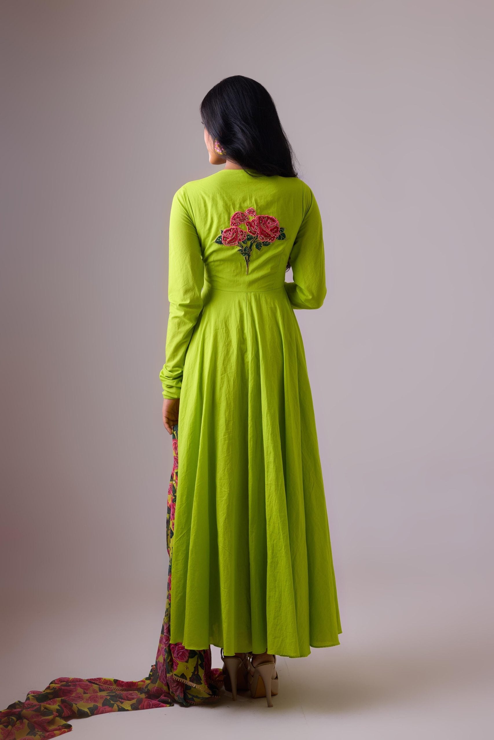 COTTON SOLID LIME ROSE APPLIQUE KALIDAR PAIRED WITH PRINTED DUPATTA AND CHURIDAR