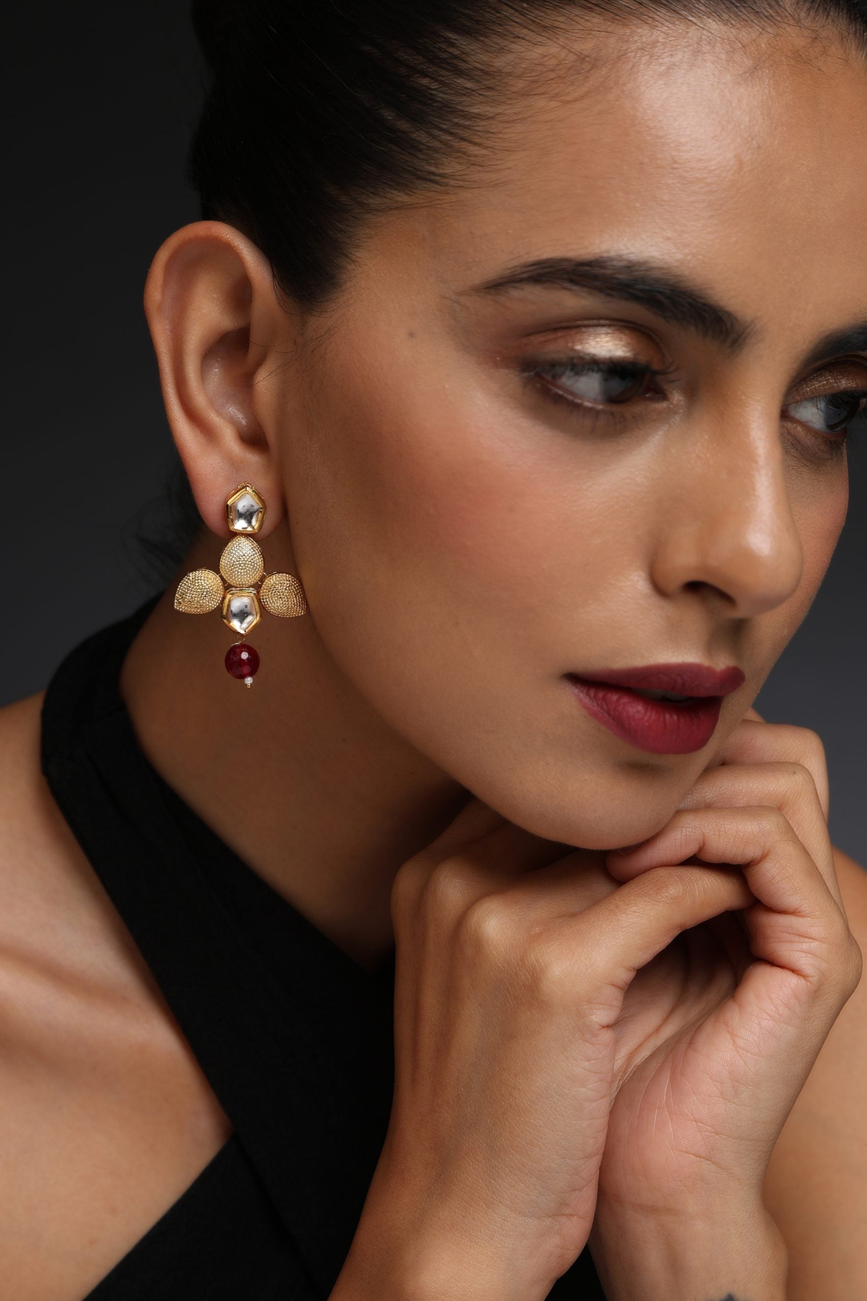 Red Gold Tone Kundan Earrings