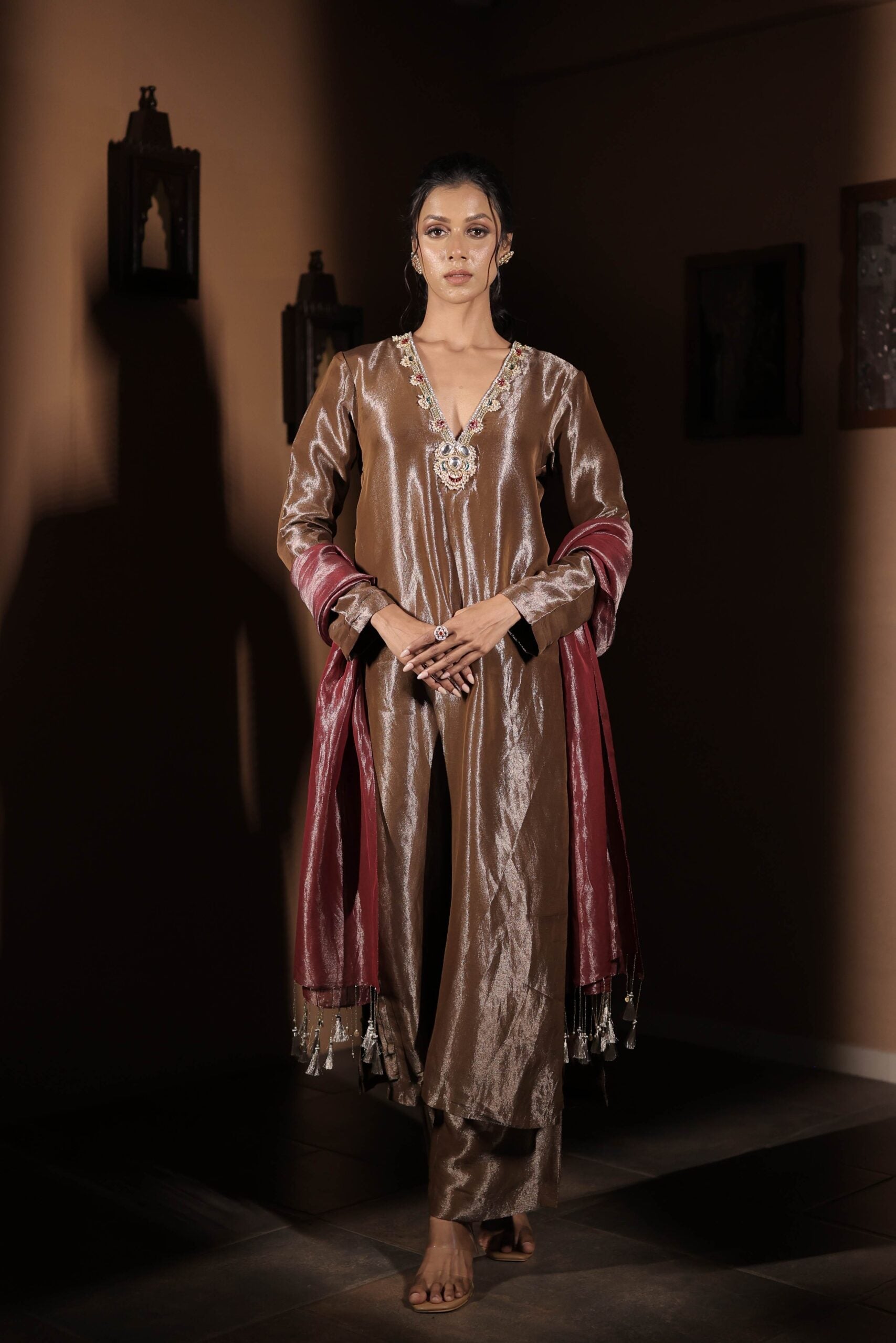 The "Tamra Sundari "kurta set /copper jewel embellished tissue suit set