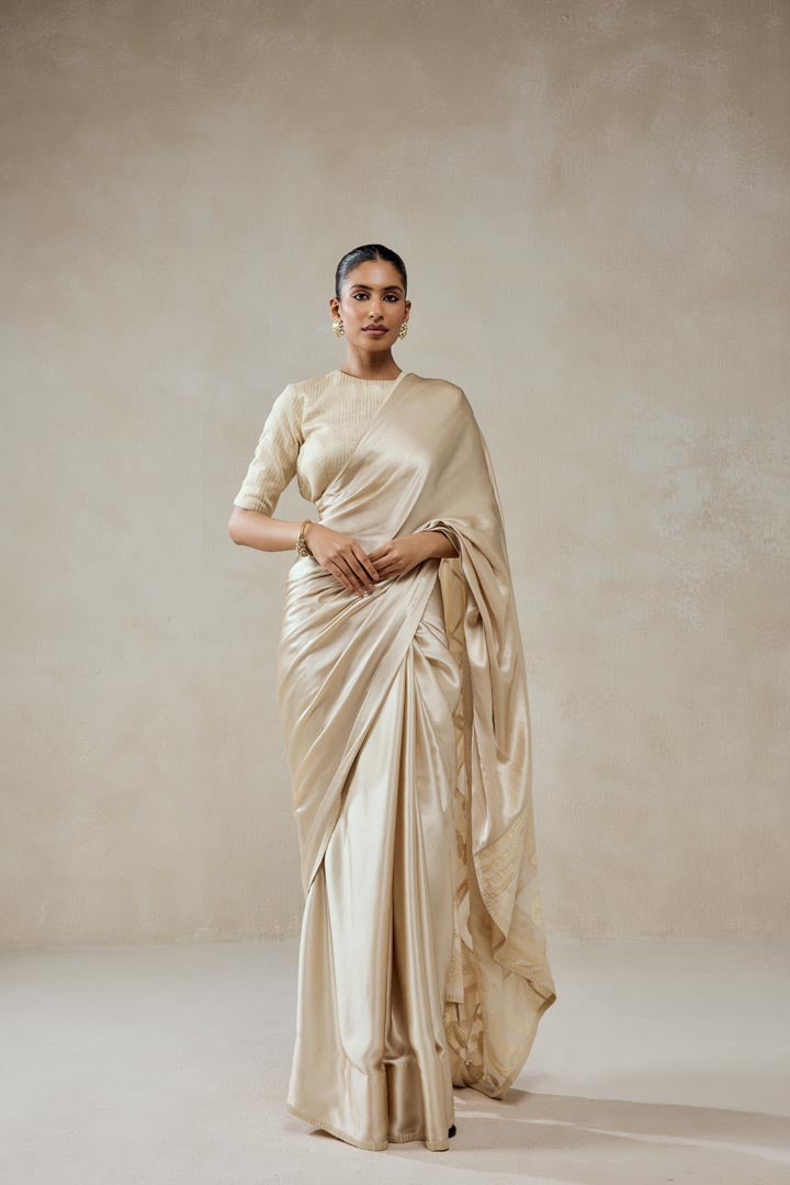 Ivory Monga Tissue Gold Striped Saree Set - Elegant Ethnic Wear