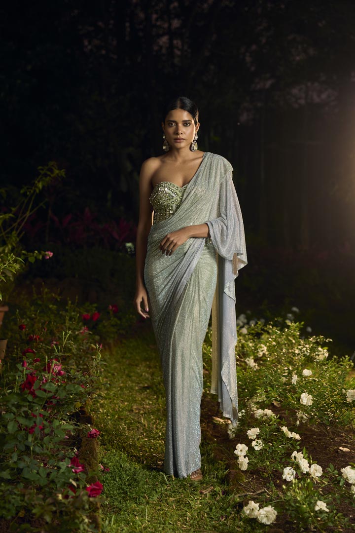 Pista Noor Crystal Saree Set