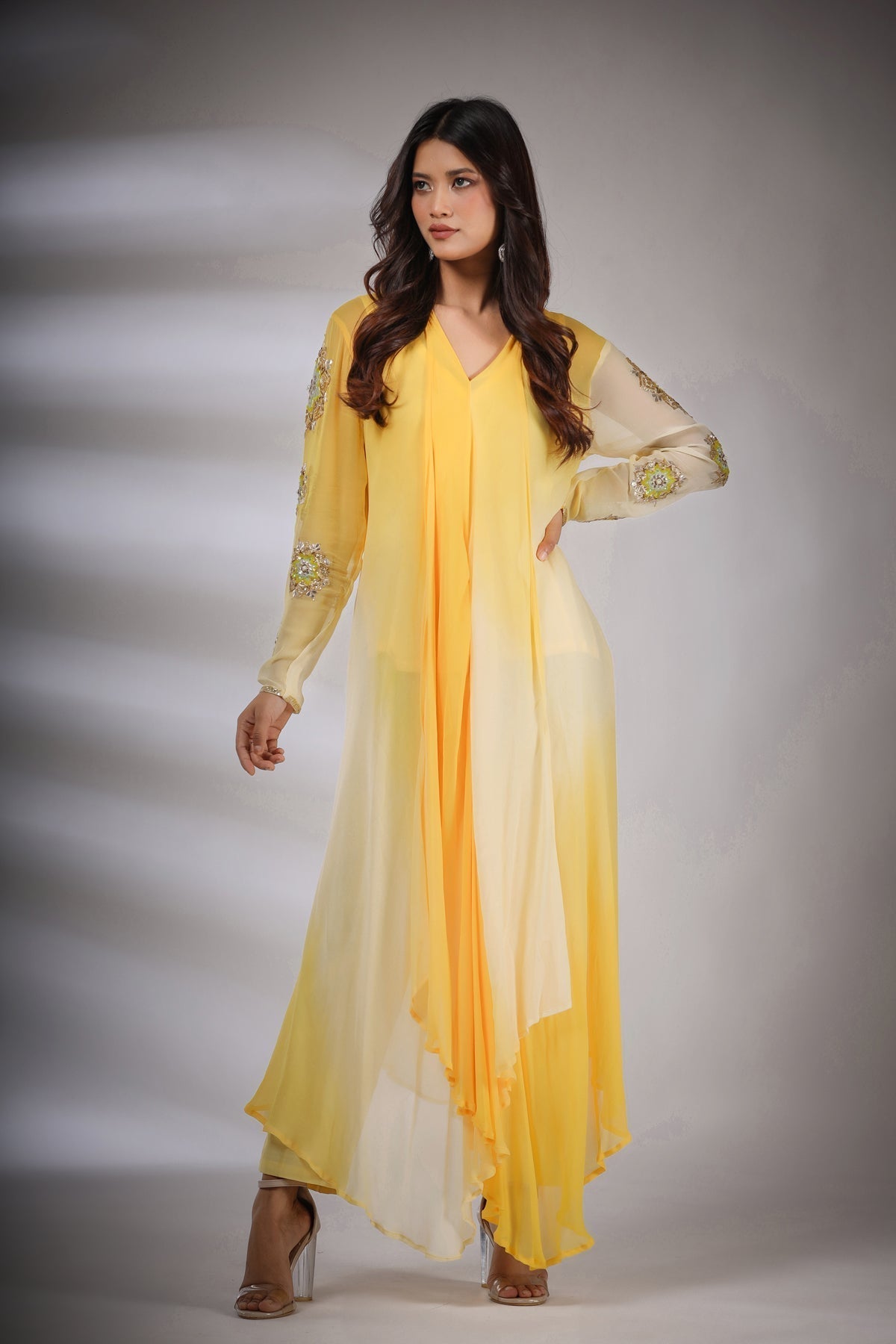 Image of Haseena leheriya set in yellow