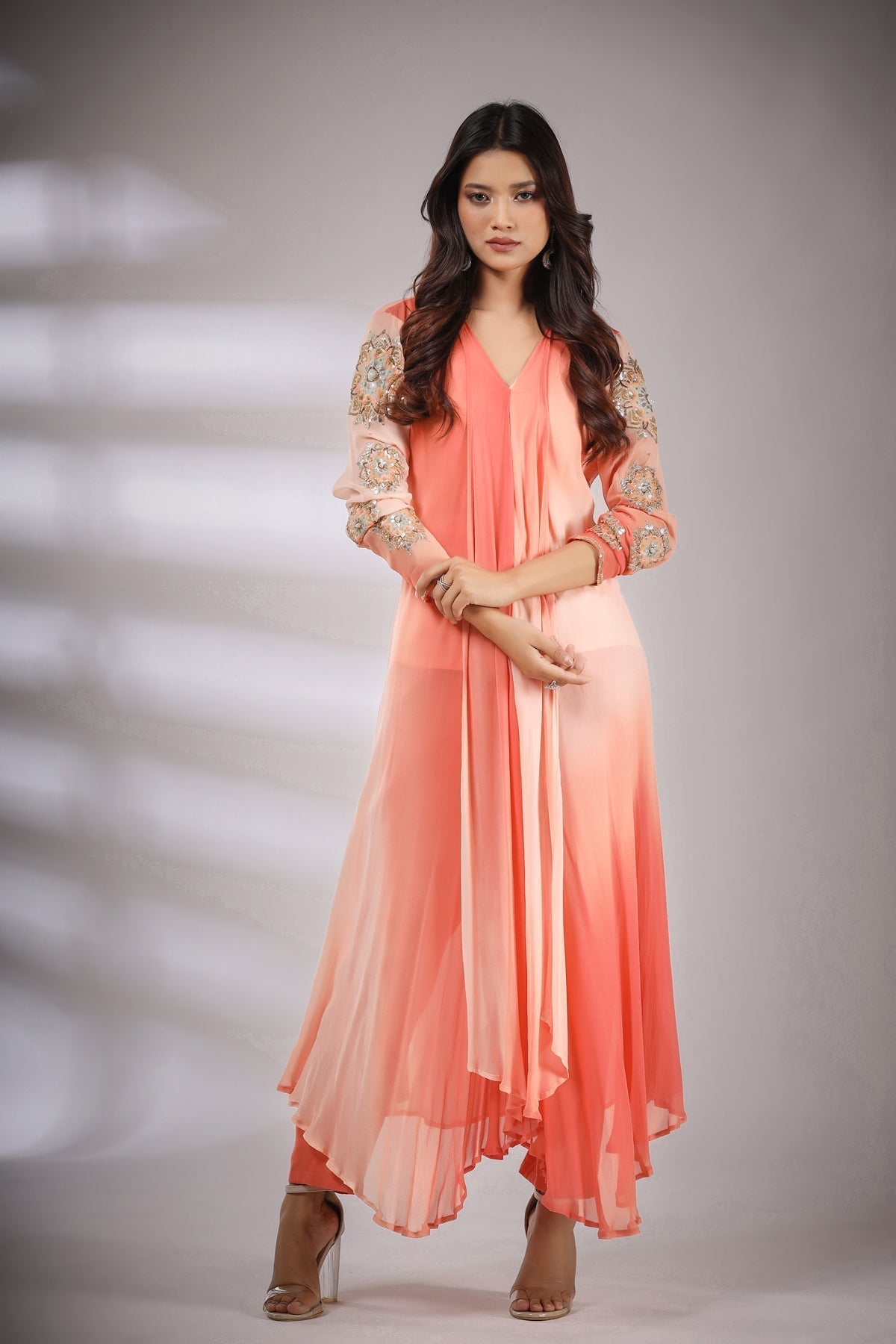 Image of Haseena leheriya set in peach