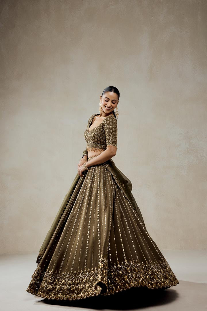 Mehendi Green Embroidered Organza Lehenga Set for Wedding Couture