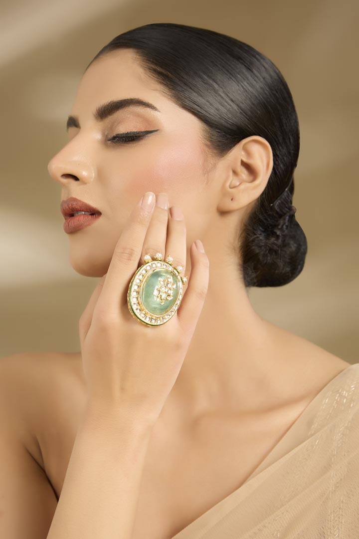 Green Stone & Pearl Embellished Statement Ring